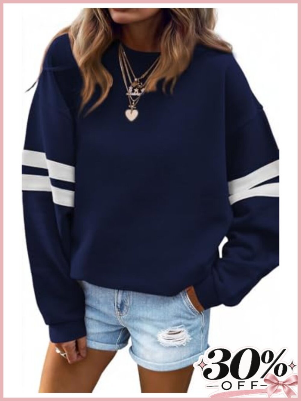 Oversized Striped Sleeve Sweatshirt Cotton Blend Pullover Crewneck